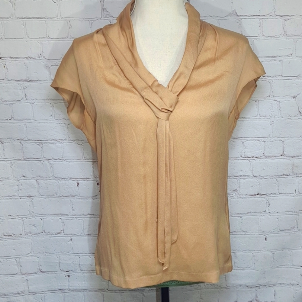 Escada Camel Silk Sleeveless Faux Tie Blouse